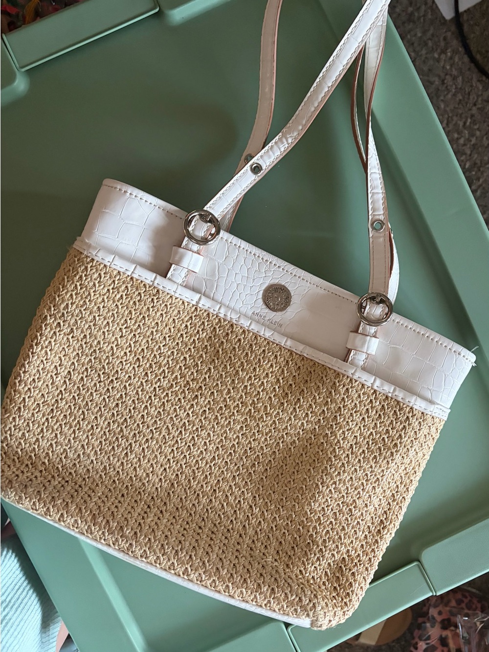 Anne Klein Natural Straw Tote with White Faux-Croc Trim